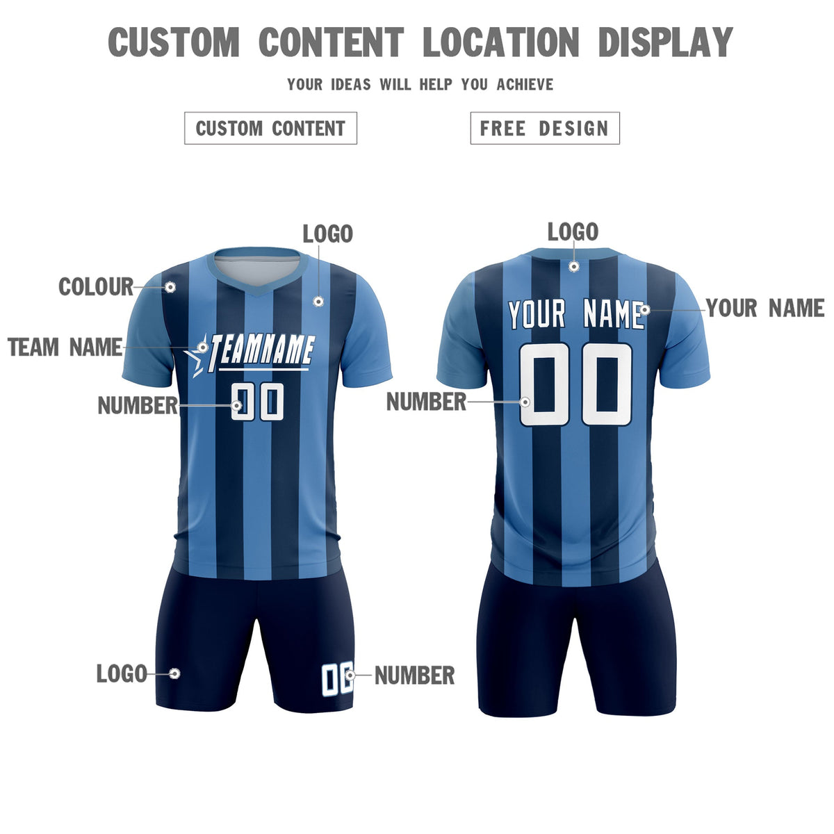Custom Light Blue Midnight Blue Vertical Stripes Casual Outdoor Football Kits Jersey