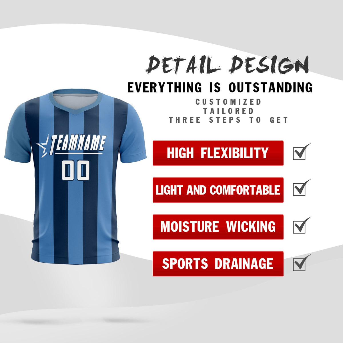Custom Light Blue Midnight Blue Vertical Stripes Casual Outdoor Football Kits Jersey