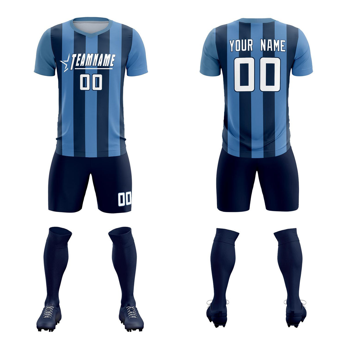 Custom Light Blue Midnight Blue Vertical Stripes Casual Outdoor Football Kits Jersey