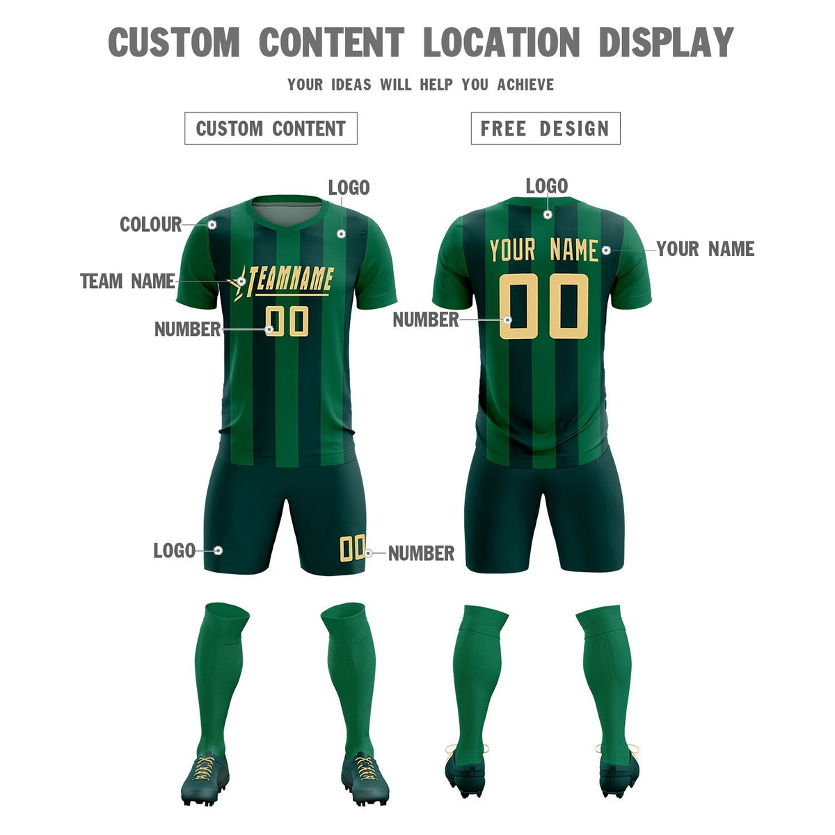 Custom Kelly Green Midnight Green Vertical Stripes Casual Outdoor Football Kits Jersey