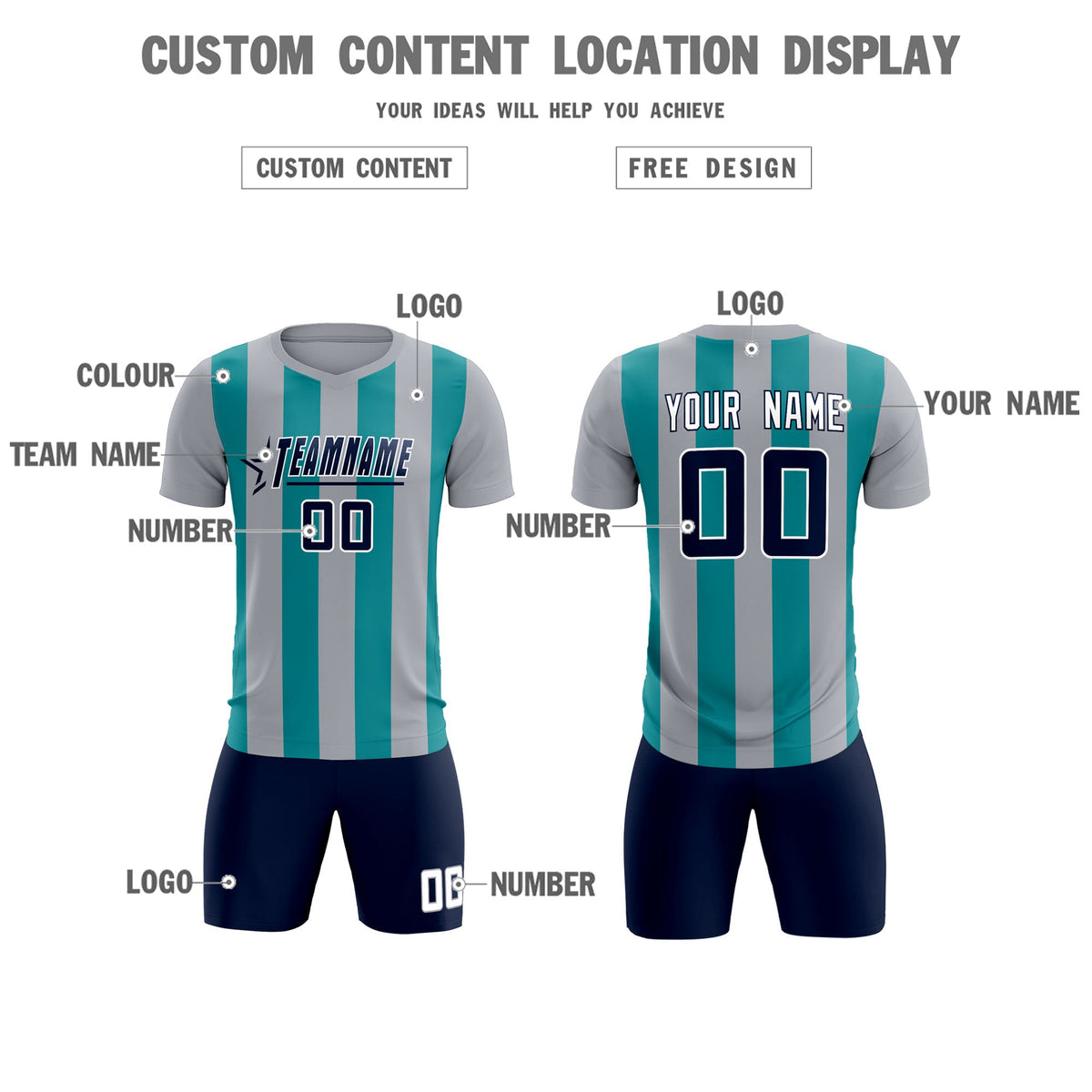 Custom Gray Aqua Vertical Stripes Casual Outdoor Football Kits Jersey