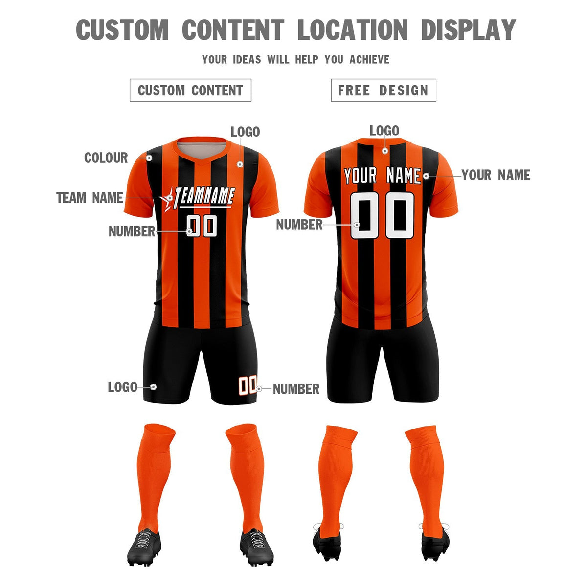Custom Orange Black Vertical Stripes Casual Outdoor Football Kits Jersey