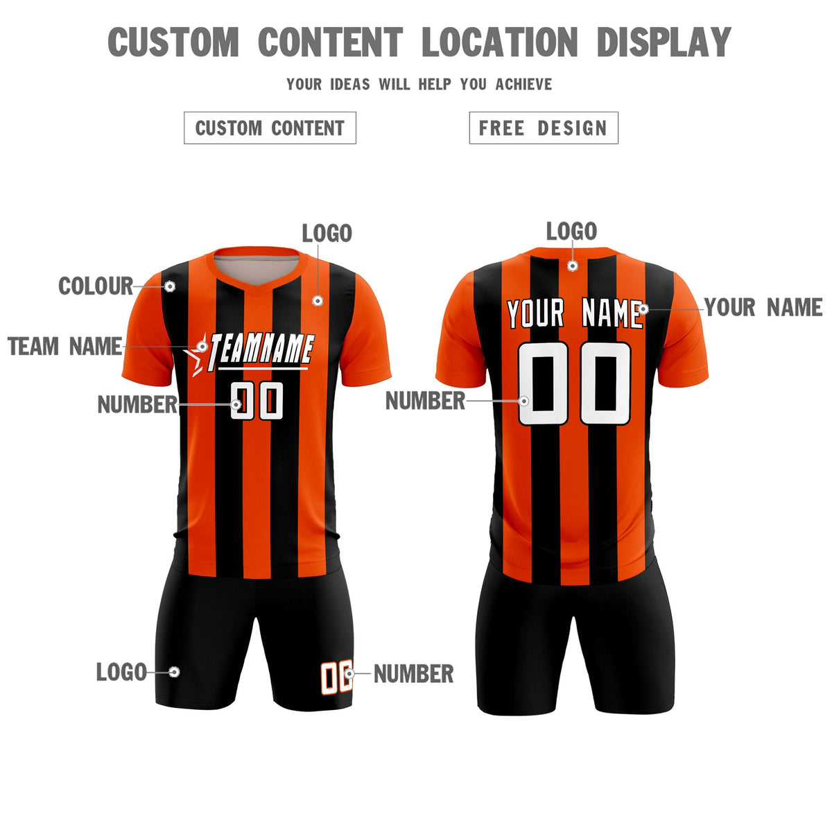 Custom Orange Black Vertical Stripes Casual Outdoor Football Kits Jersey