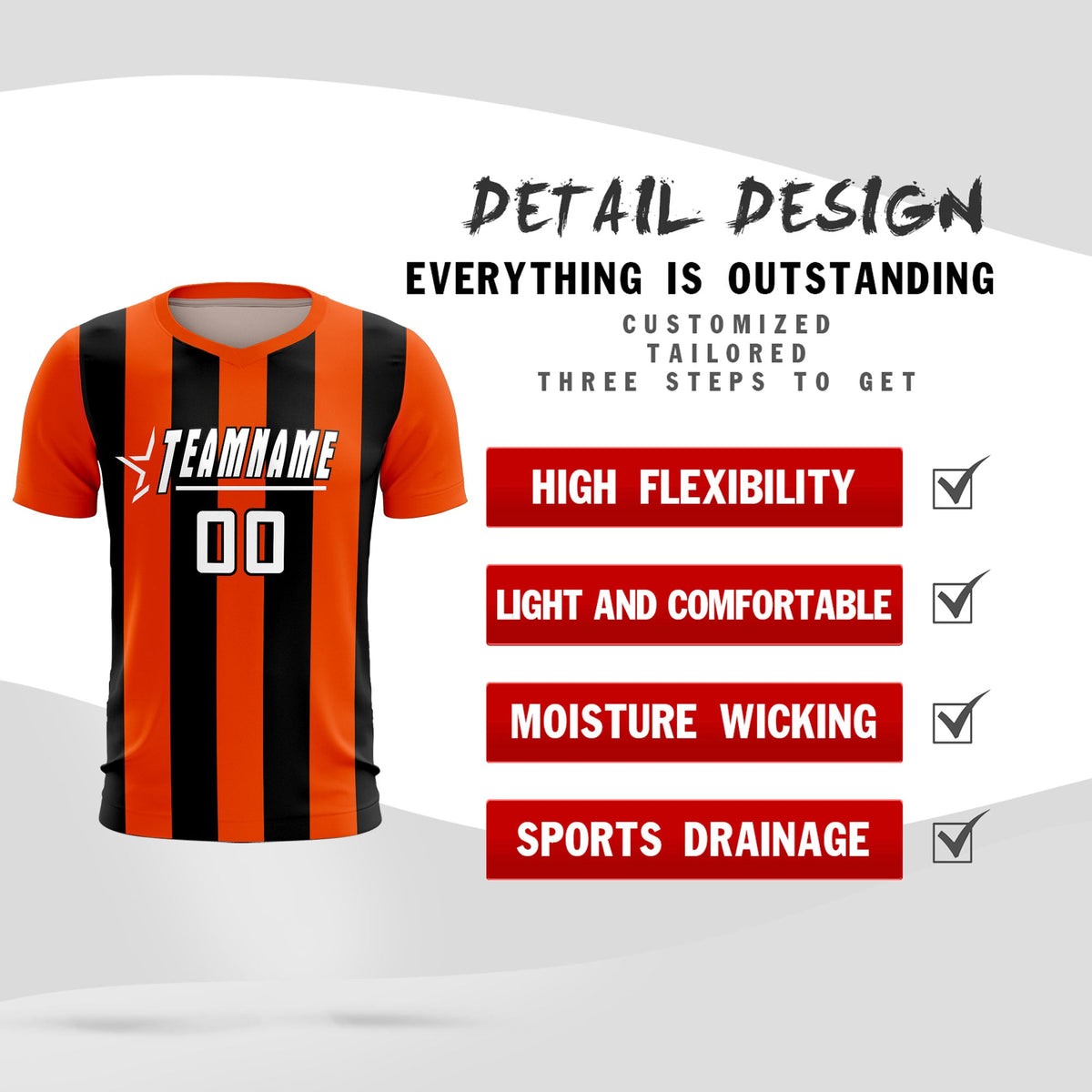 Custom Orange Black Vertical Stripes Casual Outdoor Football Kits Jersey