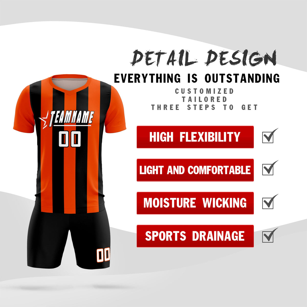 Custom Orange Black Vertical Stripes Casual Outdoor Football Kits Jersey