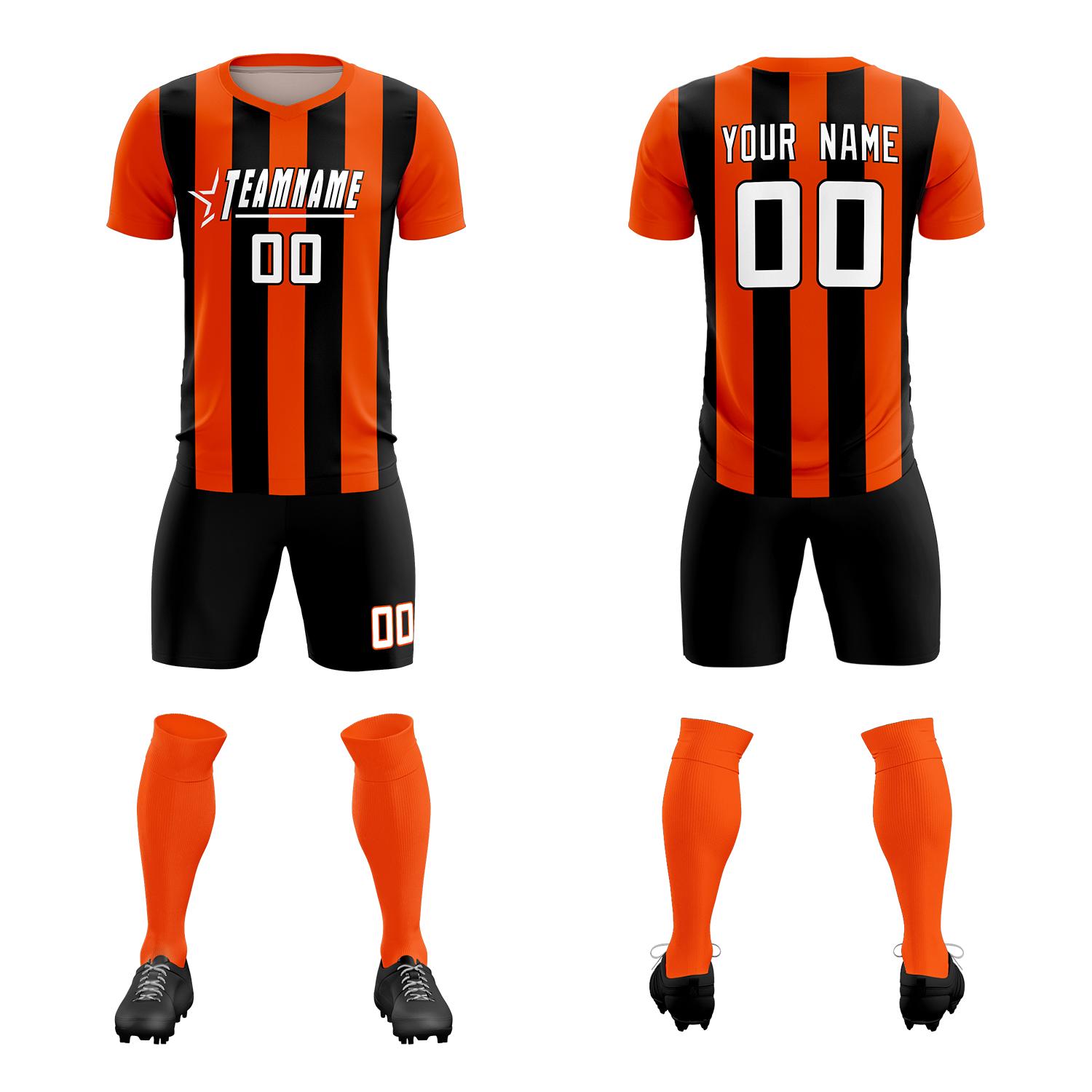 Custom Orange Black Vertical Stripes Casual Outdoor Football Kits Jersey