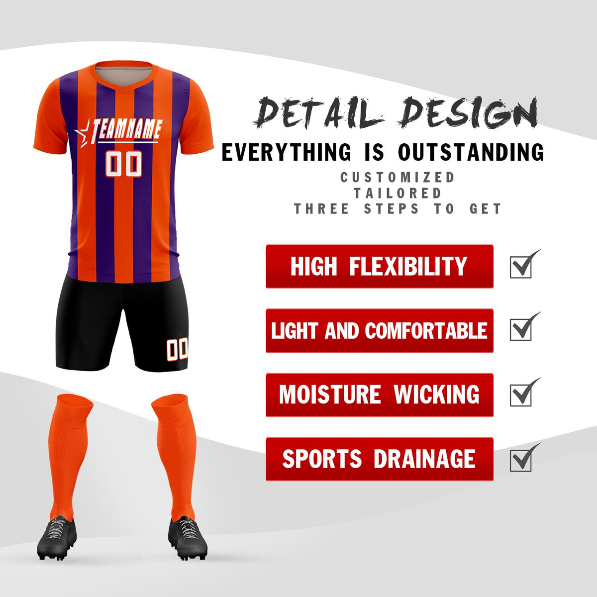 Custom Orange Purple Vertical Stripes Casual Outdoor Football Kits Jersey