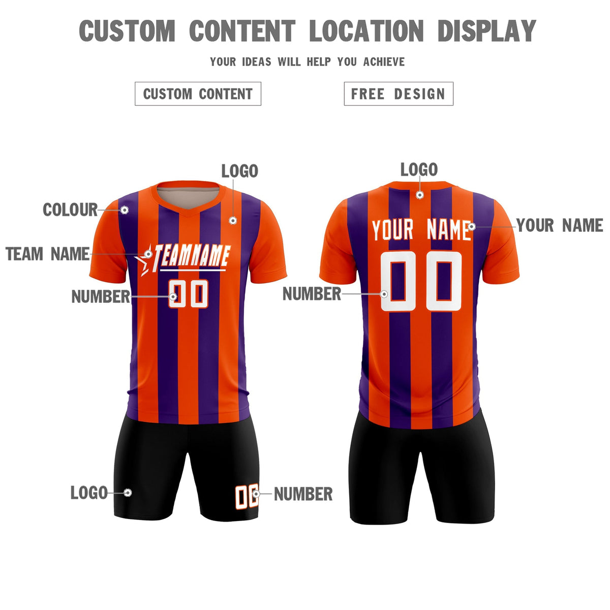 Custom Orange Purple Vertical Stripes Casual Outdoor Football Kits Jersey