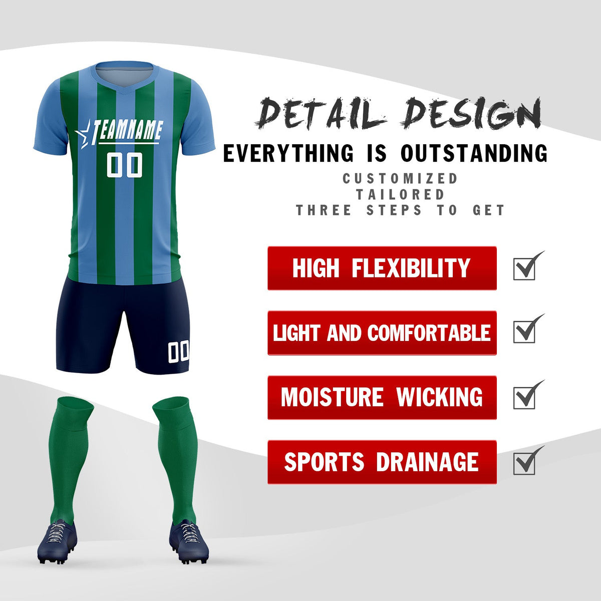 Custom Light Blue Kelly Green Vertical Stripes Casual Outdoor Football Kits Jersey