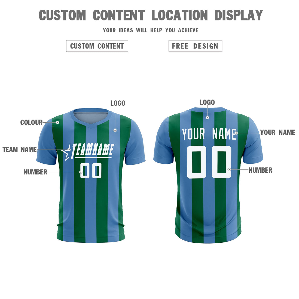 Custom Light Blue Kelly Green Vertical Stripes Casual Outdoor Football Kits Jersey