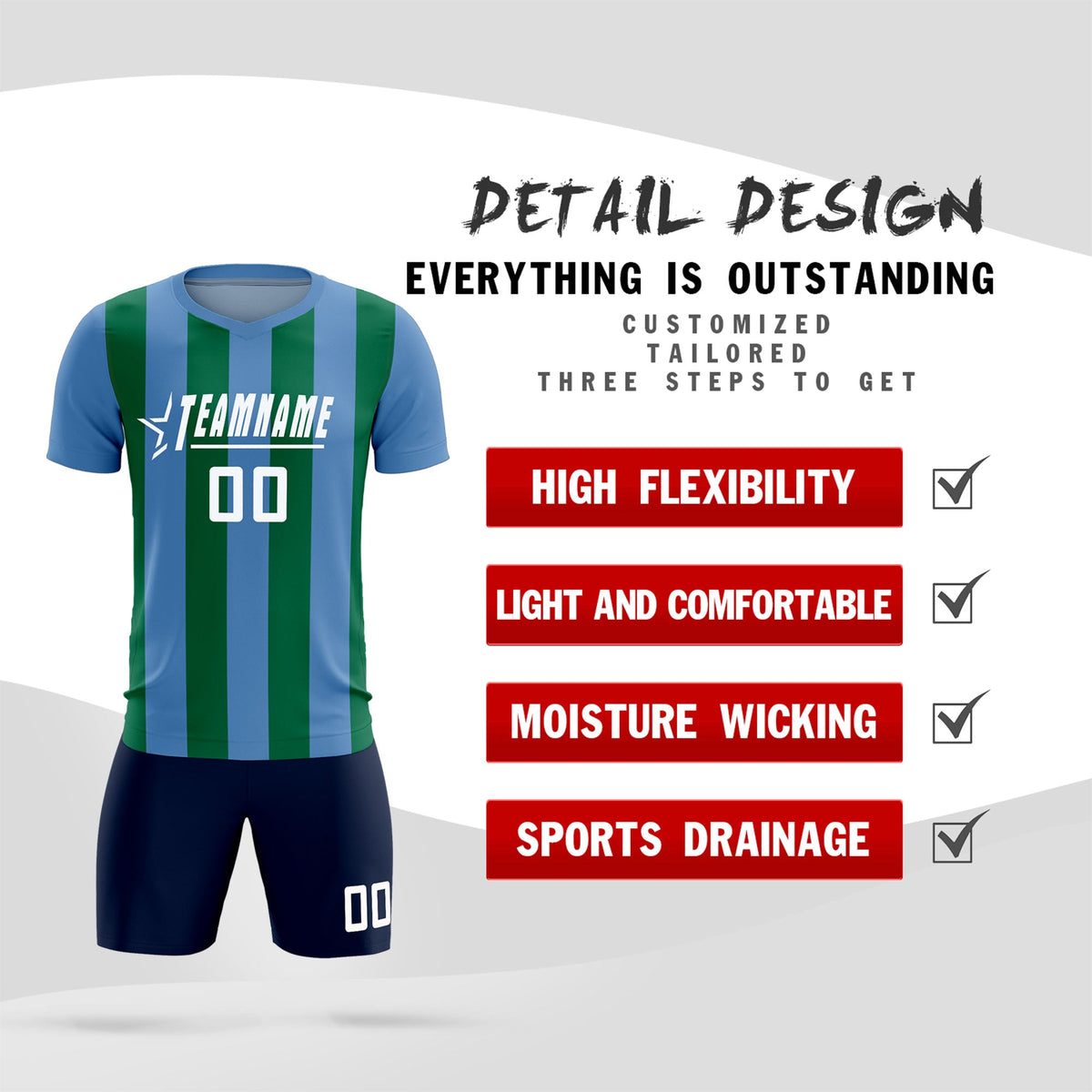 Custom Light Blue Kelly Green Vertical Stripes Casual Outdoor Football Kits Jersey