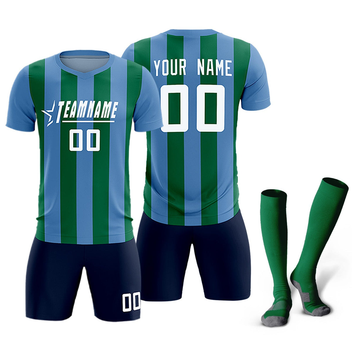 Custom Light Blue Kelly Green Vertical Stripes Casual Outdoor Football Kits Jersey