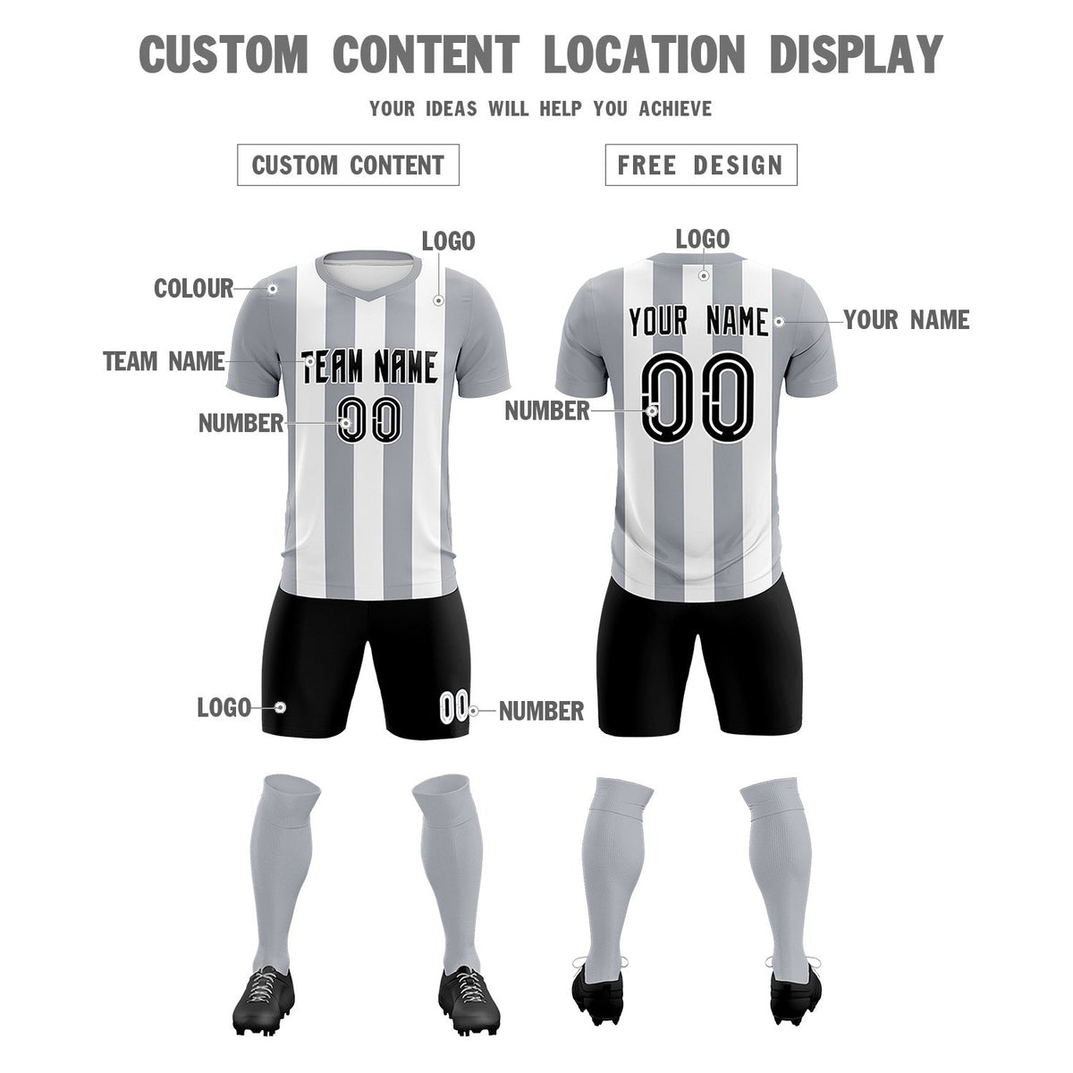 Custom White Gray Vertical Stripes Casual Outdoor Football Kits Jersey