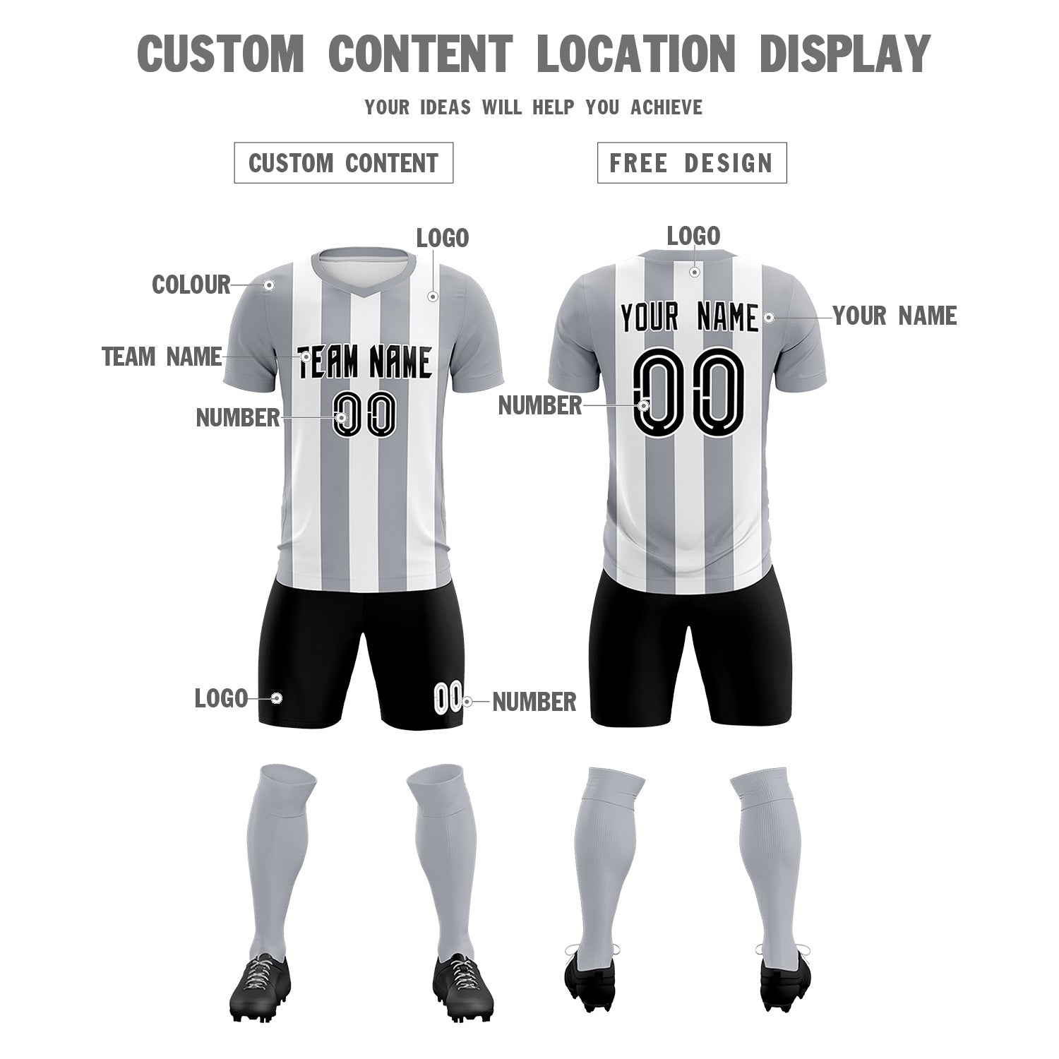 Custom White Gray Vertical Stripes Casual Outdoor Football Kits Jersey