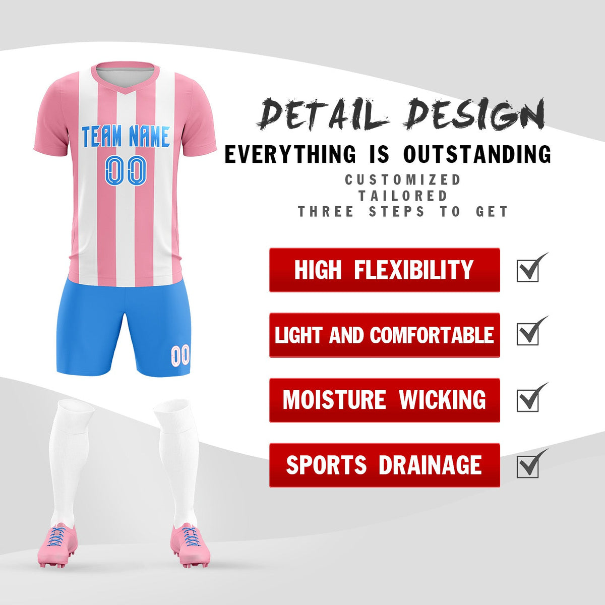 Custom White Light Pink Vertical Stripes Casual Outdoor Football Kits Jersey