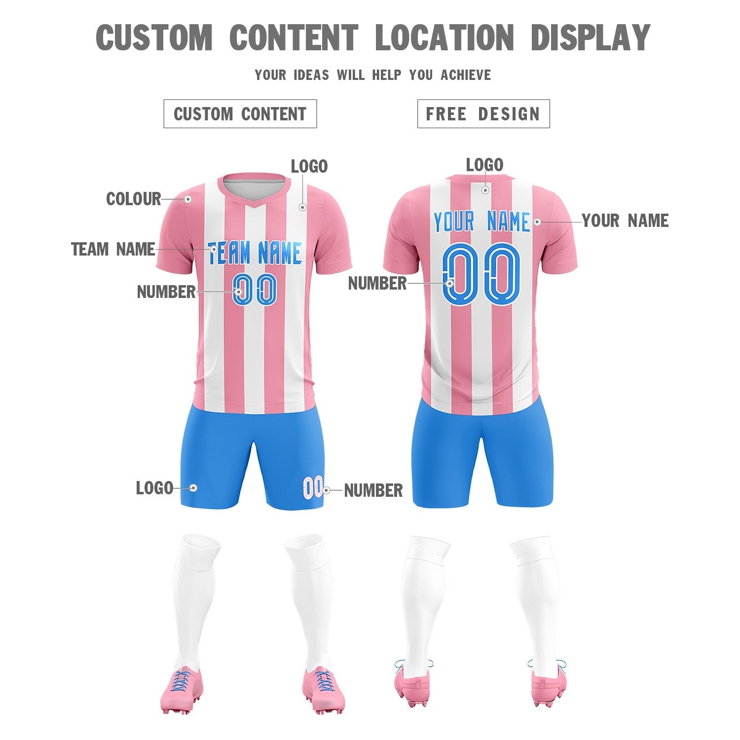 Custom White Light Pink Vertical Stripes Casual Outdoor Football Kits Jersey