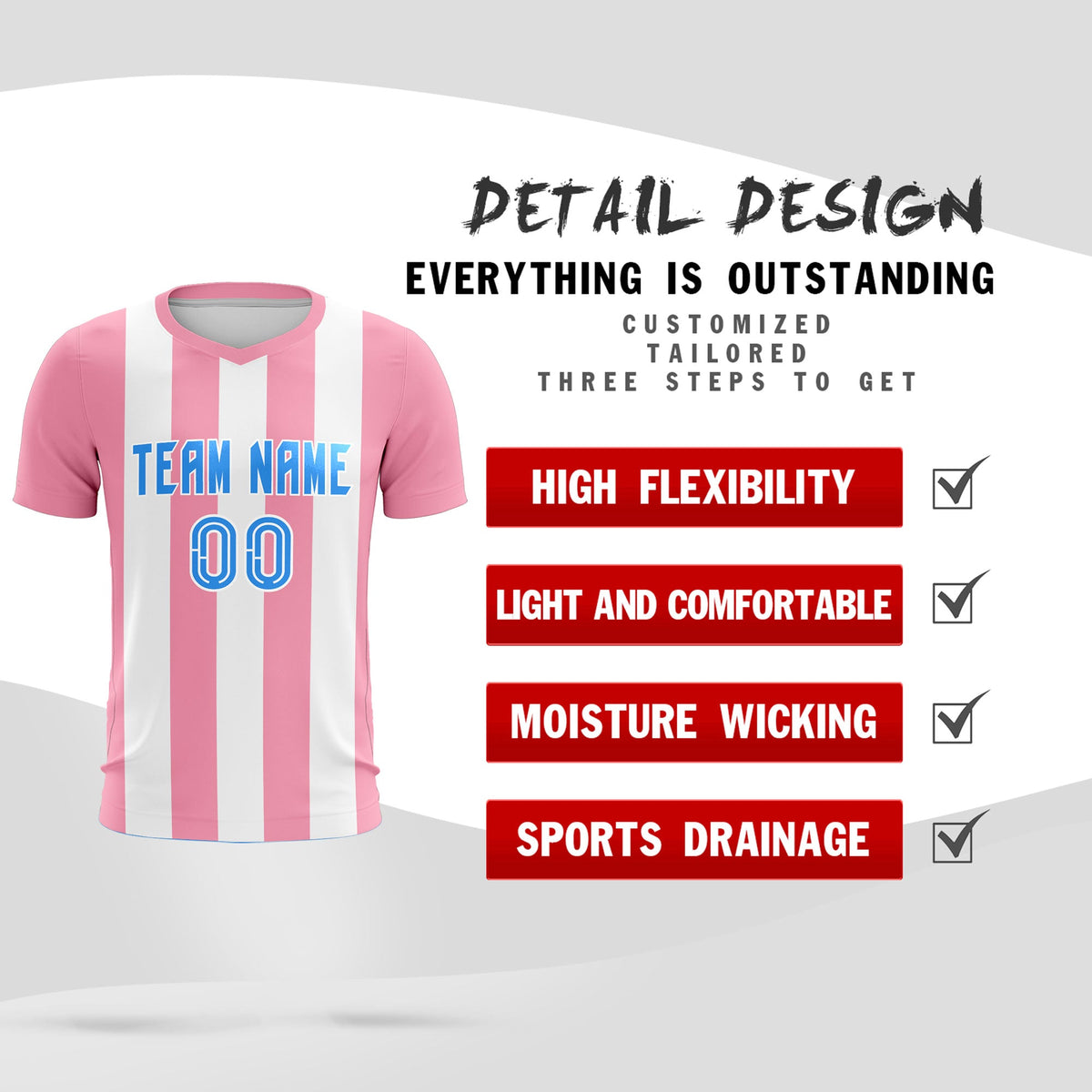 Custom White Light Pink Vertical Stripes Casual Outdoor Football Kits Jersey
