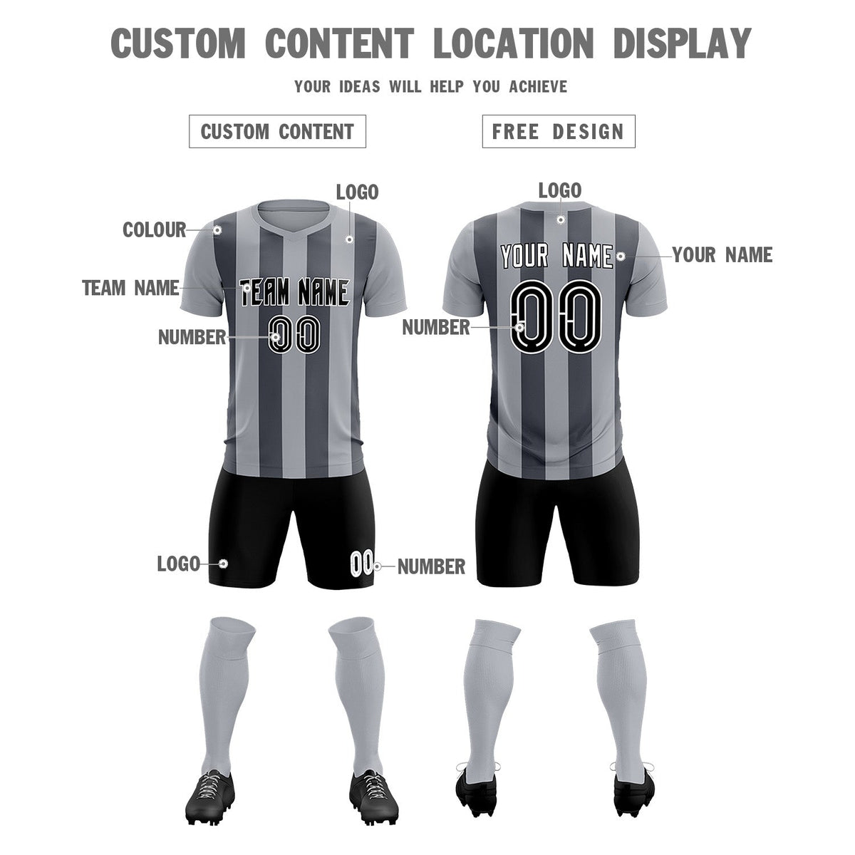 Custom Gray Dark Gray Vertical Stripes Casual Outdoor Football Kits Jersey
