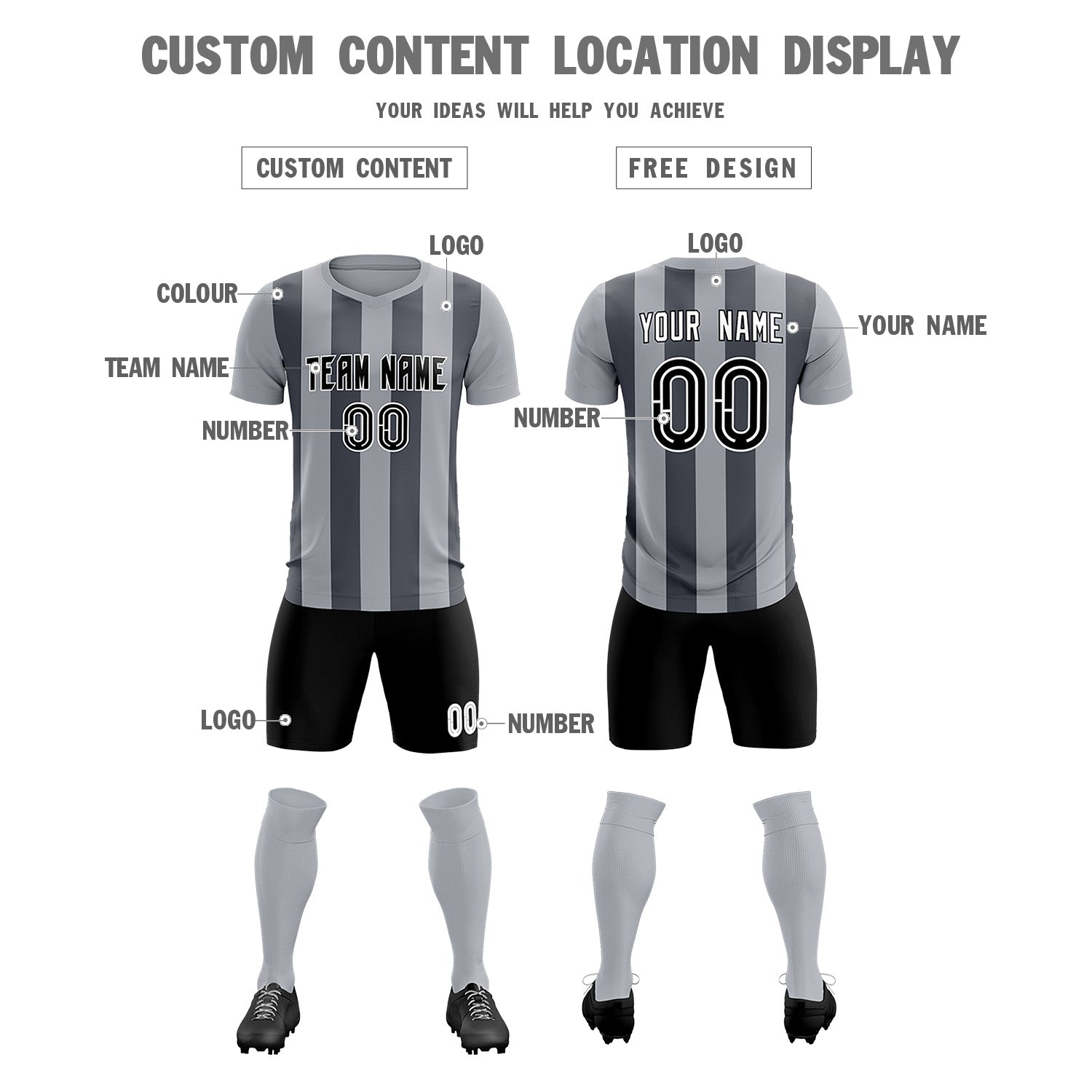 Custom Gray Dark Gray Vertical Stripes Casual Outdoor Football Kits Jersey