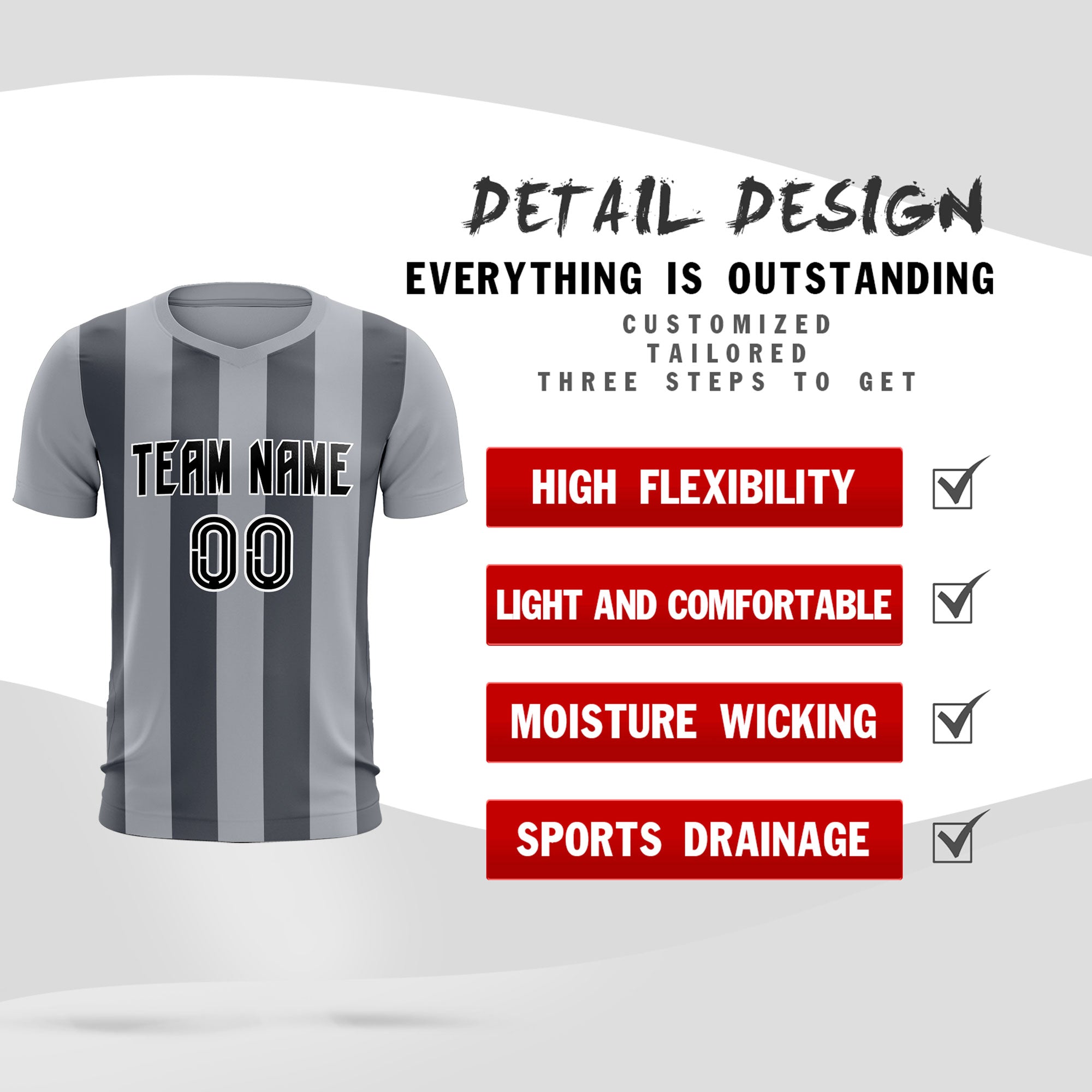 Custom Gray Dark Gray Vertical Stripes Casual Outdoor Football Kits Jersey