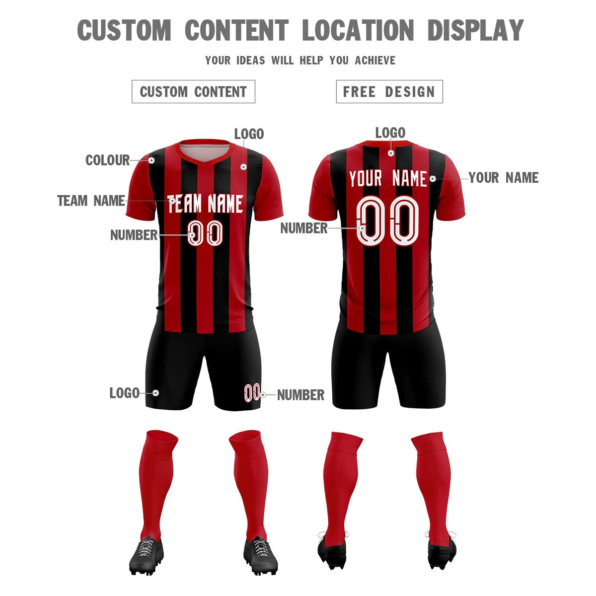 Custom Red Black Vertical Stripes Casual Outdoor Football Kits Jersey