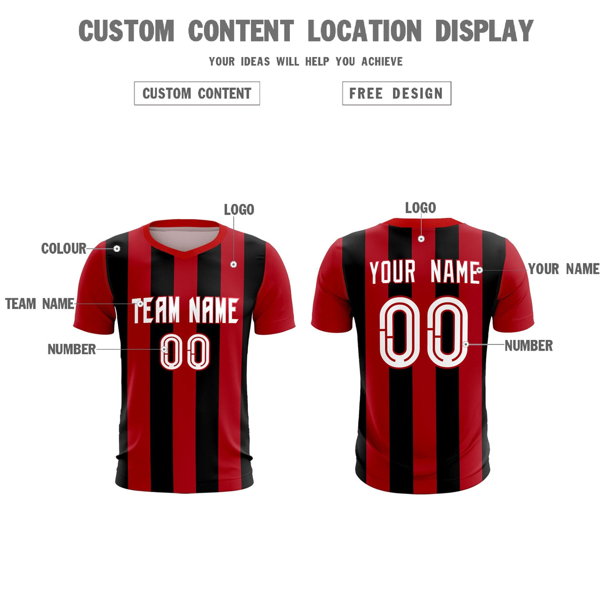 Custom Red Black Vertical Stripes Casual Outdoor Football Kits Jersey