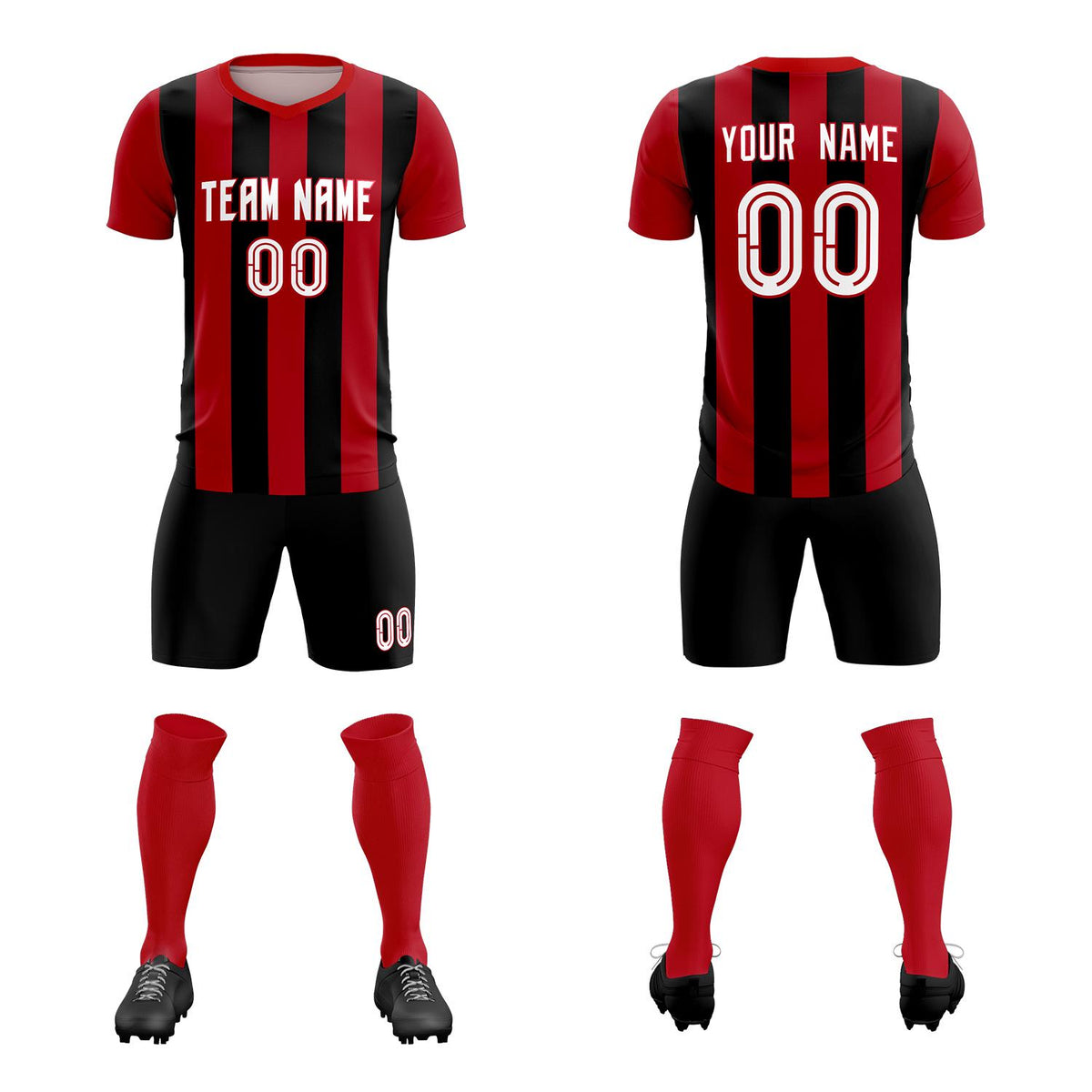 Custom Red Black Vertical Stripes Casual Outdoor Football Kits Jersey