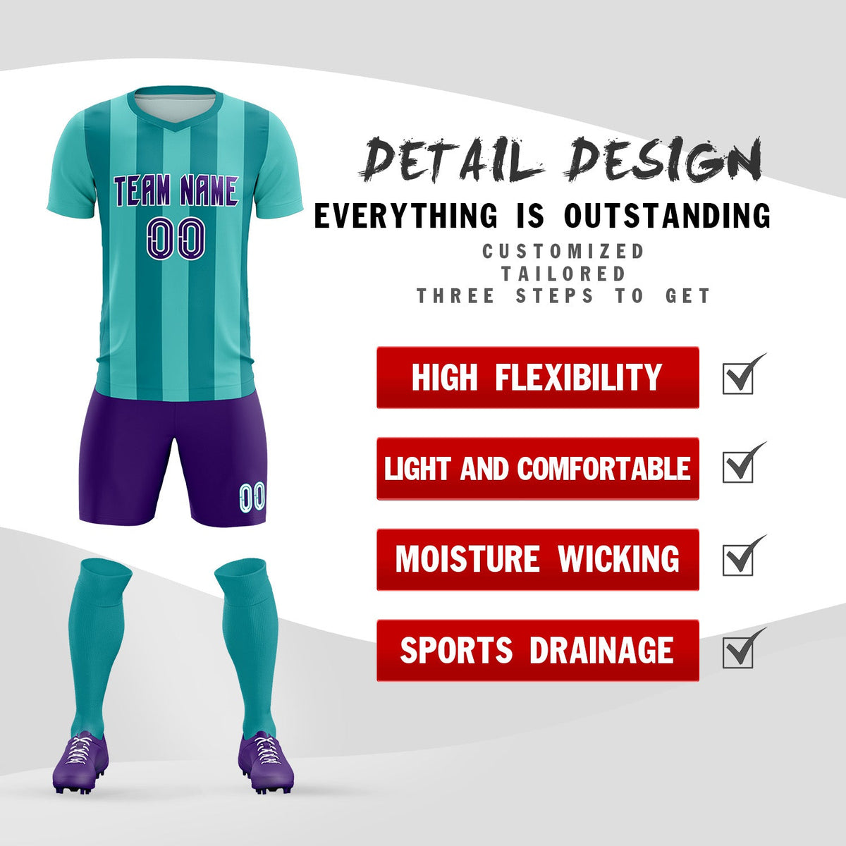 Custom Bright Green Aqua Vertical Stripes Casual Outdoor Football Kits Jersey