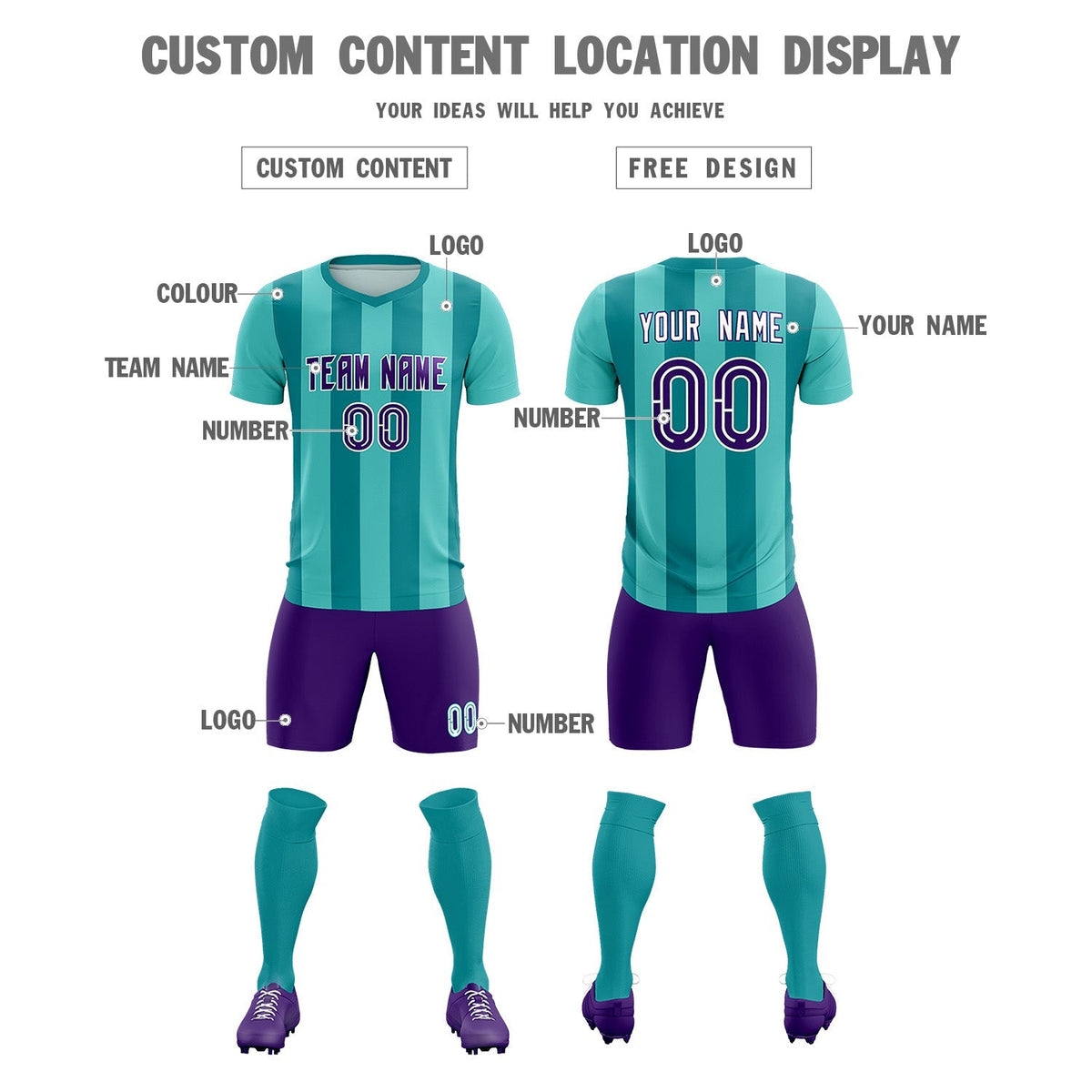Custom Bright Green Aqua Vertical Stripes Casual Outdoor Football Kits Jersey