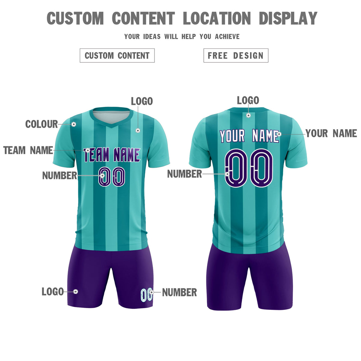 Custom Bright Green Aqua Vertical Stripes Casual Outdoor Football Kits Jersey
