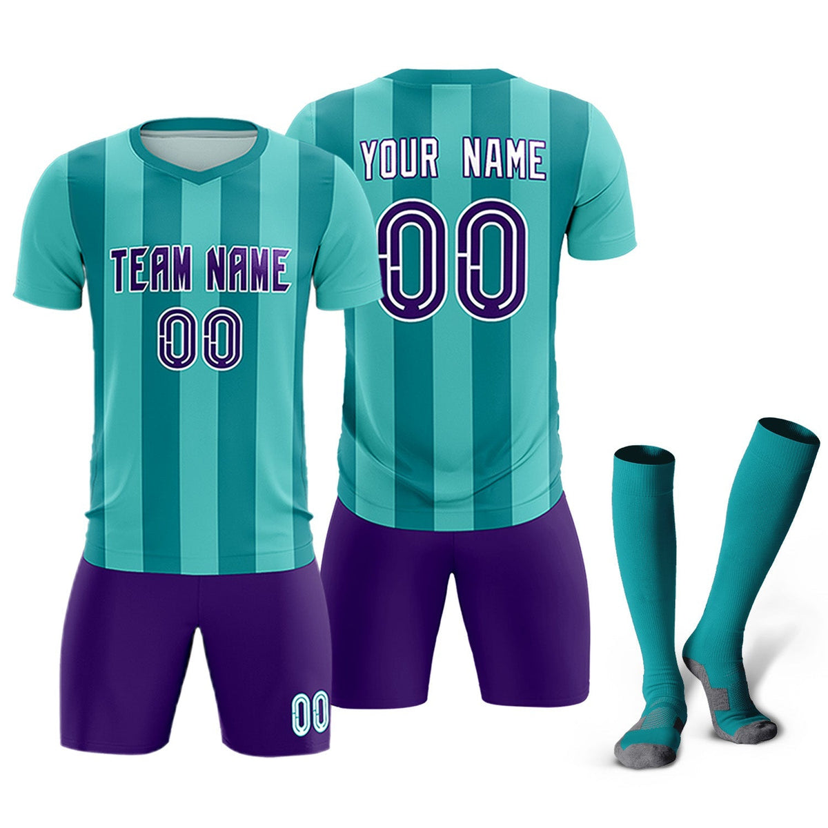 Custom Bright Green Aqua Vertical Stripes Casual Outdoor Football Kits Jersey