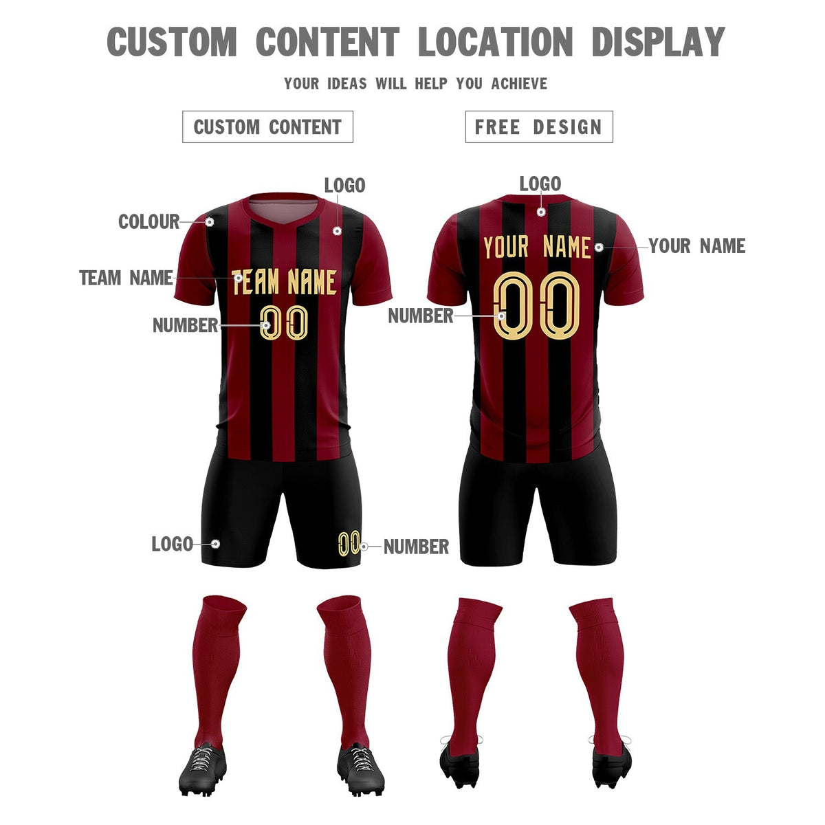 Custom Crimson Black Vertical Stripes Casual Outdoor Football Kits Jersey