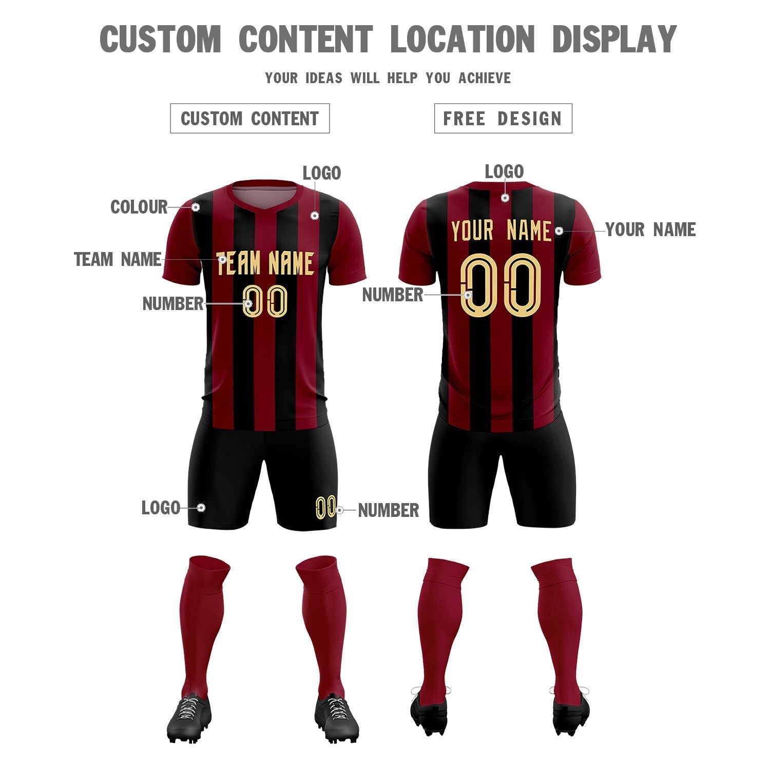 Custom Crimson Black Vertical Stripes Casual Outdoor Football Kits Jersey