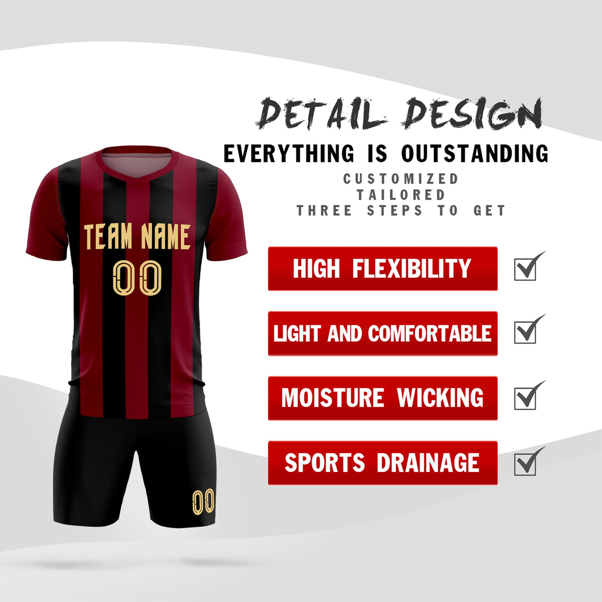 Custom Crimson Black Vertical Stripes Casual Outdoor Football Kits Jersey