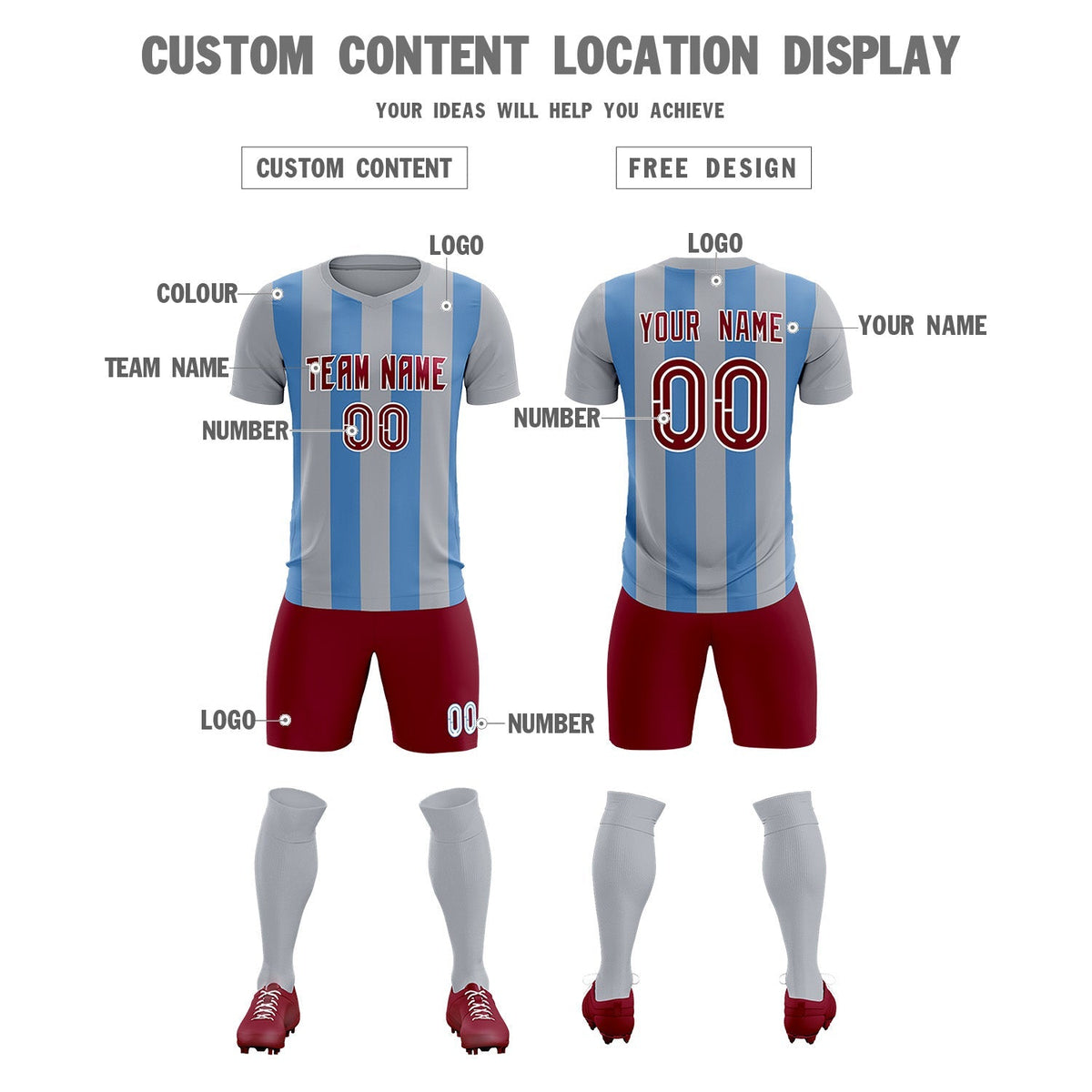 Custom Gray Light Blue Vertical Stripes Casual Outdoor Football Kits Jersey