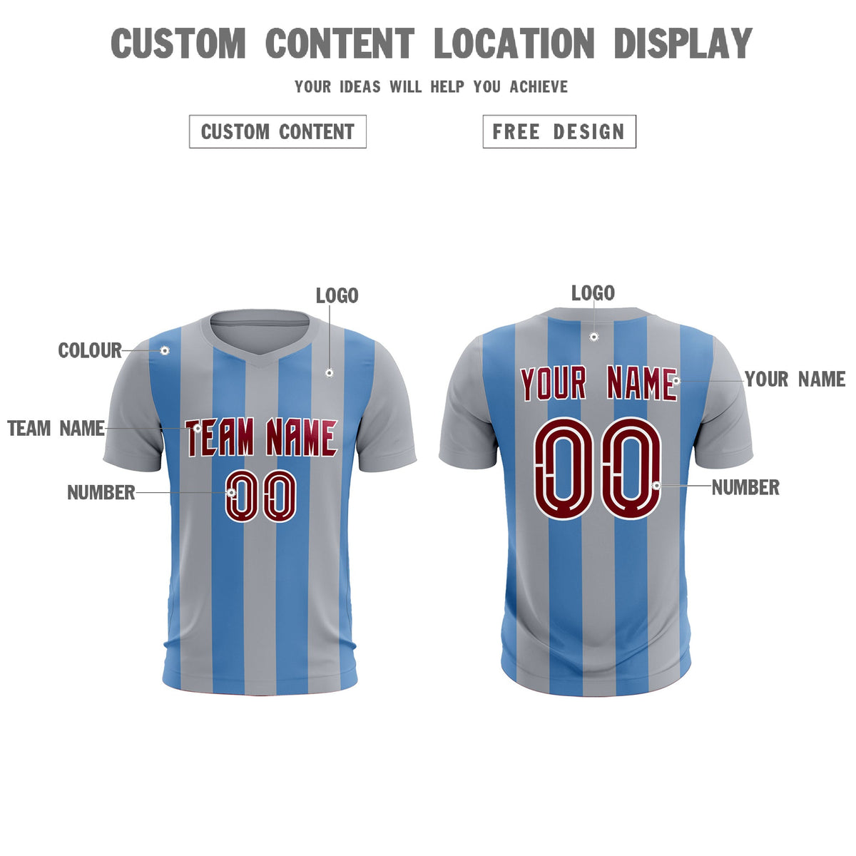 Custom Gray Light Blue Vertical Stripes Casual Outdoor Football Kits Jersey