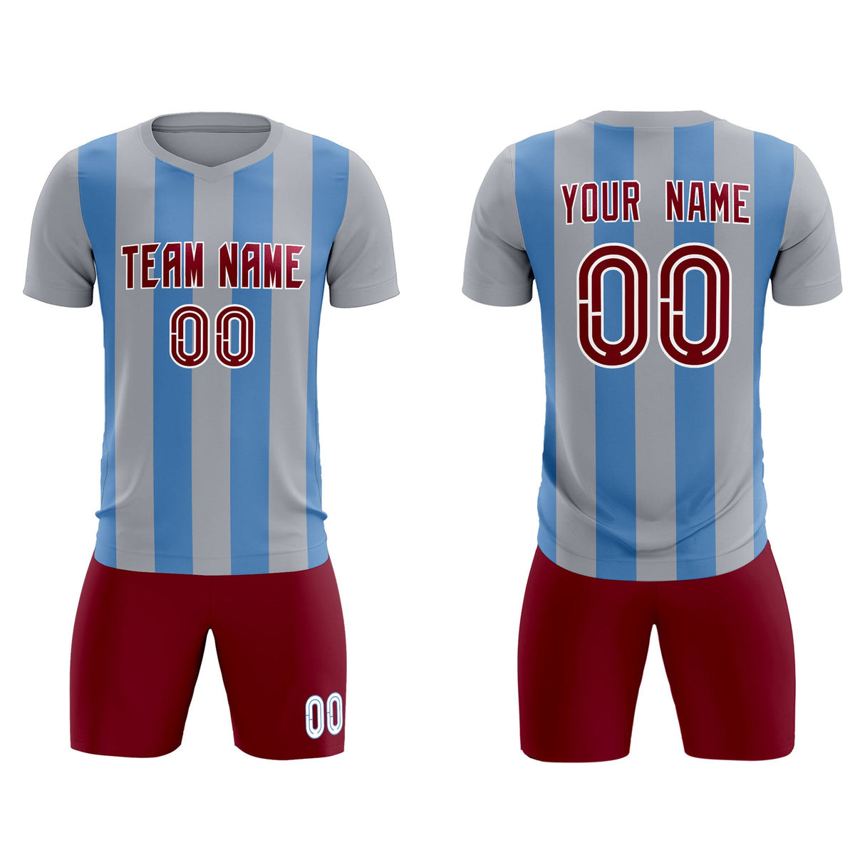 Custom Gray Light Blue Vertical Stripes Casual Outdoor Football Kits Jersey