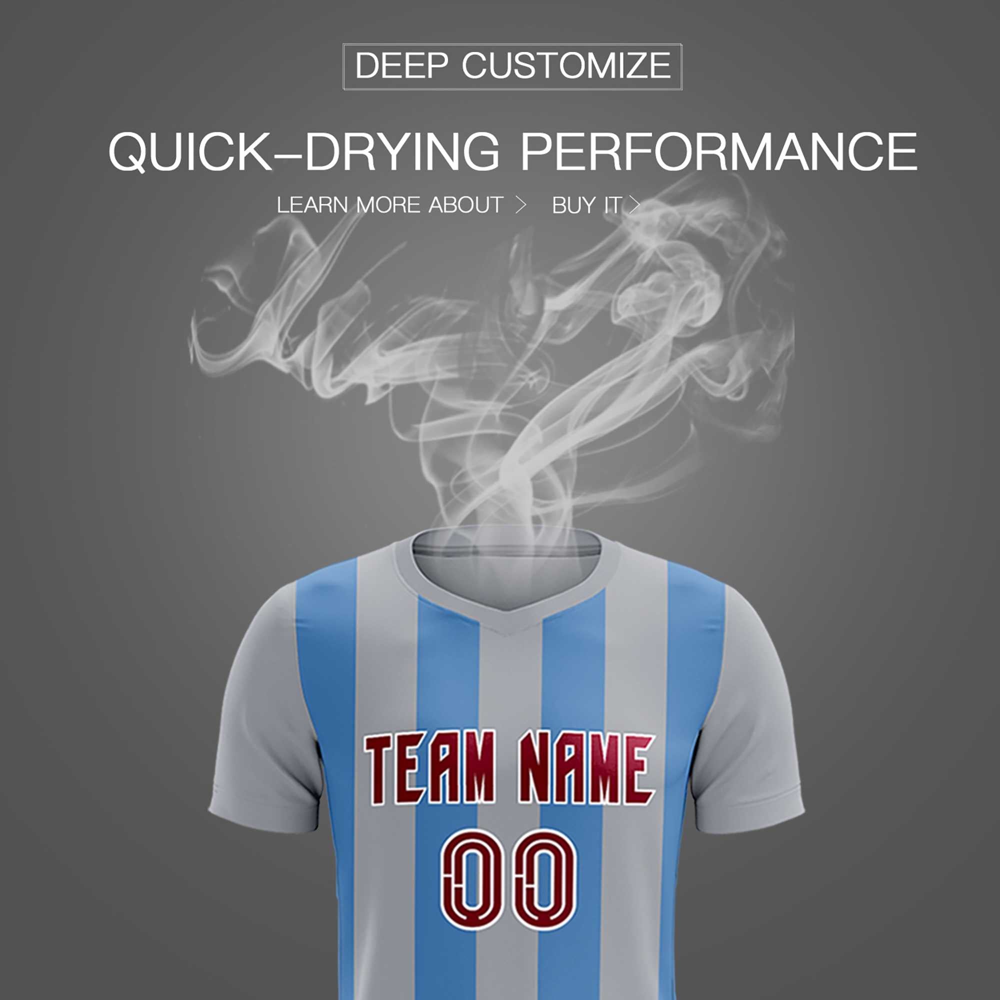 Custom Gray Light Blue Vertical Stripes Casual Outdoor Football Kits Jersey