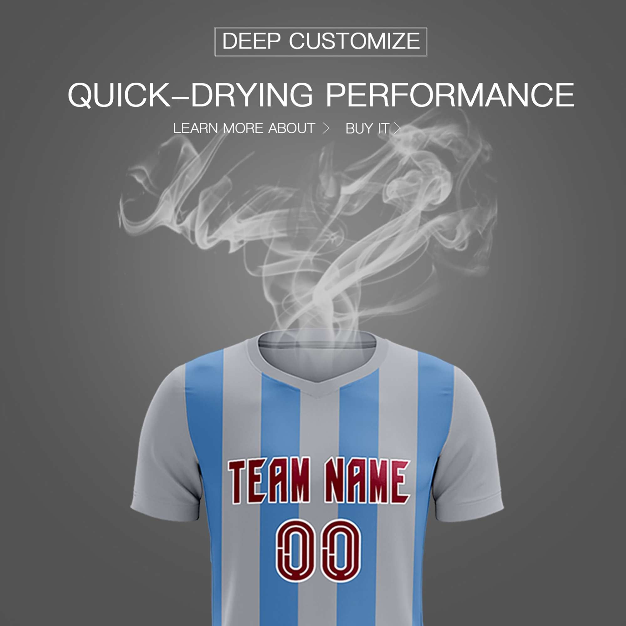 Custom Gray Light Blue Vertical Stripes Casual Outdoor Football Kits Jersey