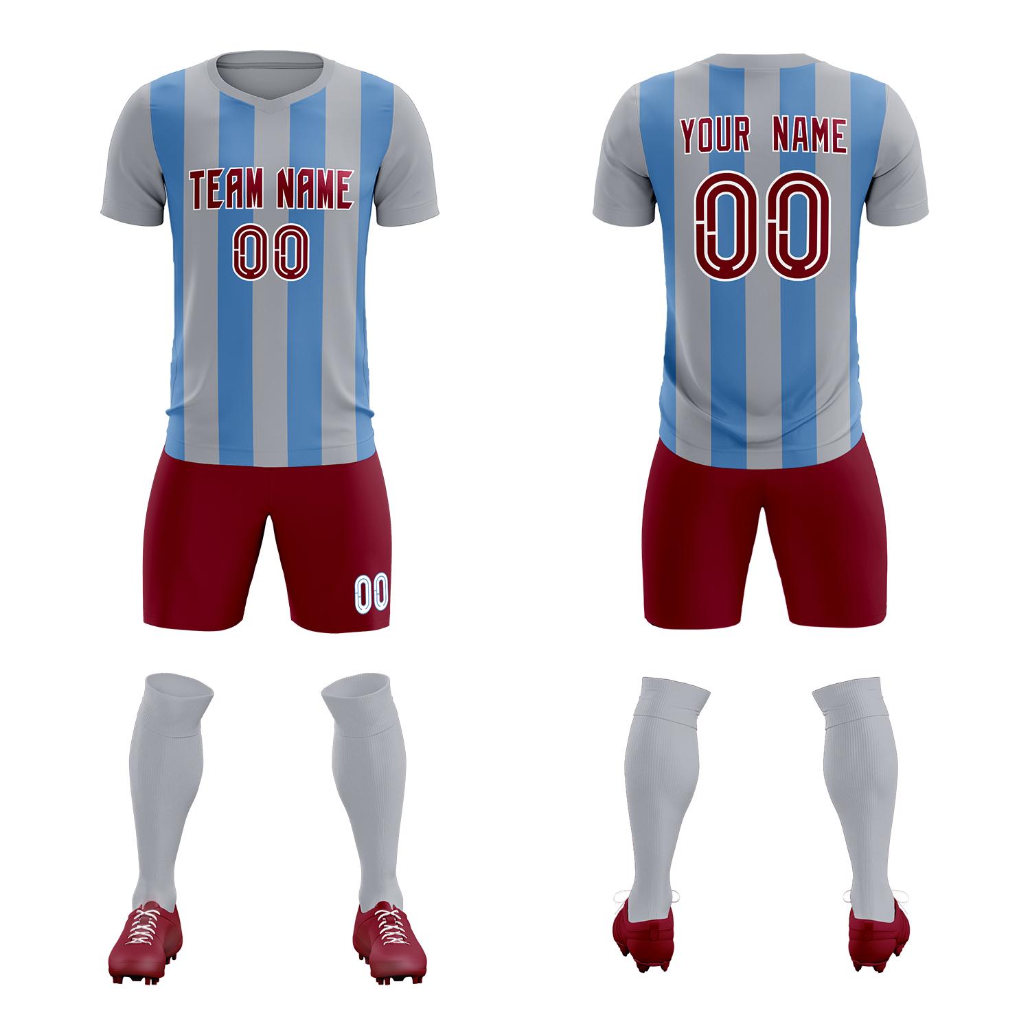 Custom Gray Light Blue Vertical Stripes Casual Outdoor Football Kits Jersey