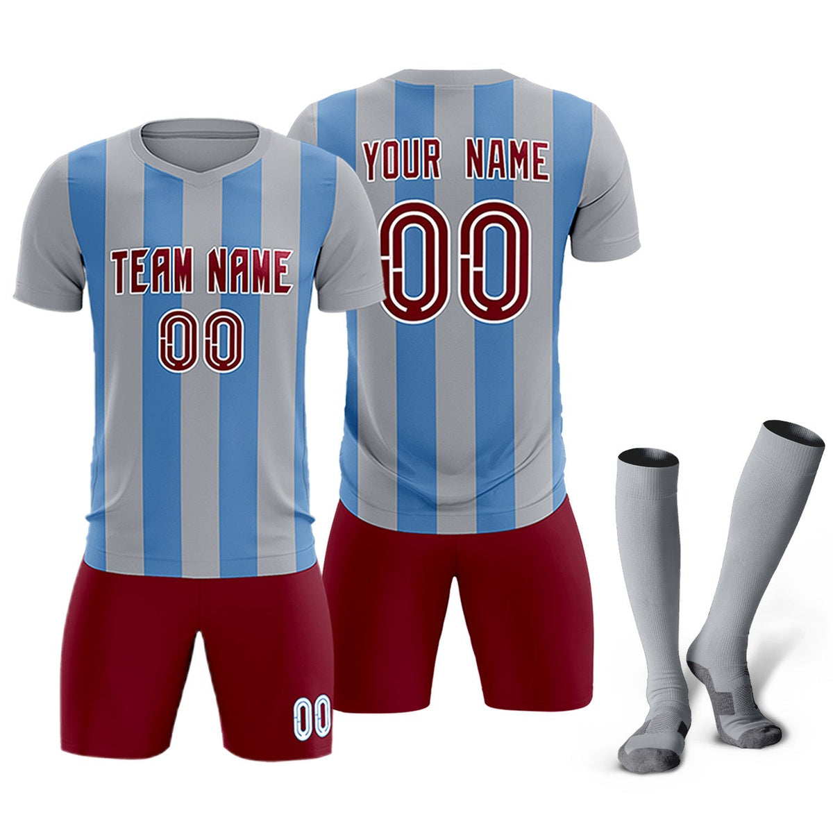 Custom Gray Light Blue Vertical Stripes Casual Outdoor Football Kits Jersey