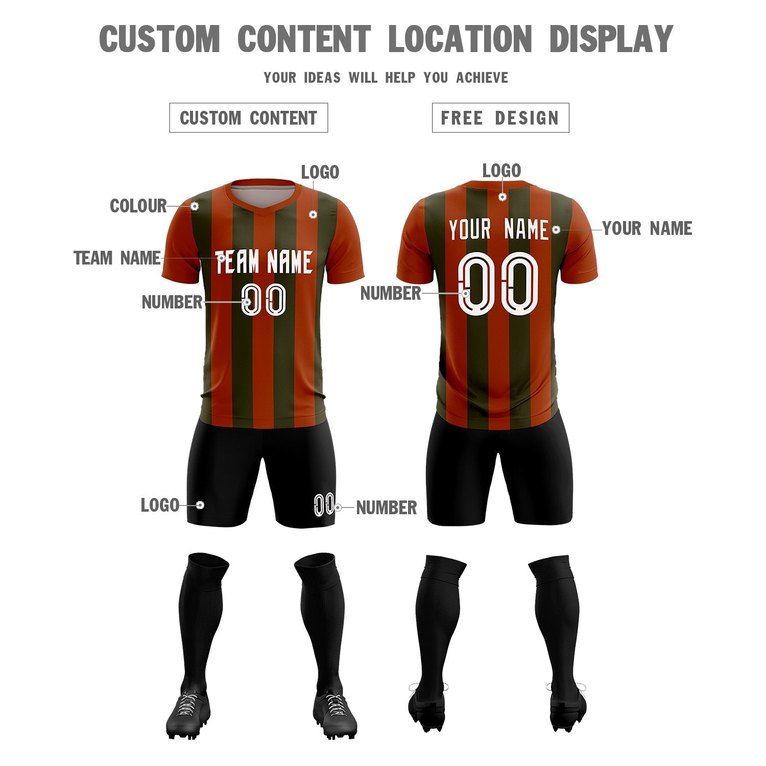 Custom Texas Orange Olive Vertical Stripes Casual Outdoor Football Kits Jersey