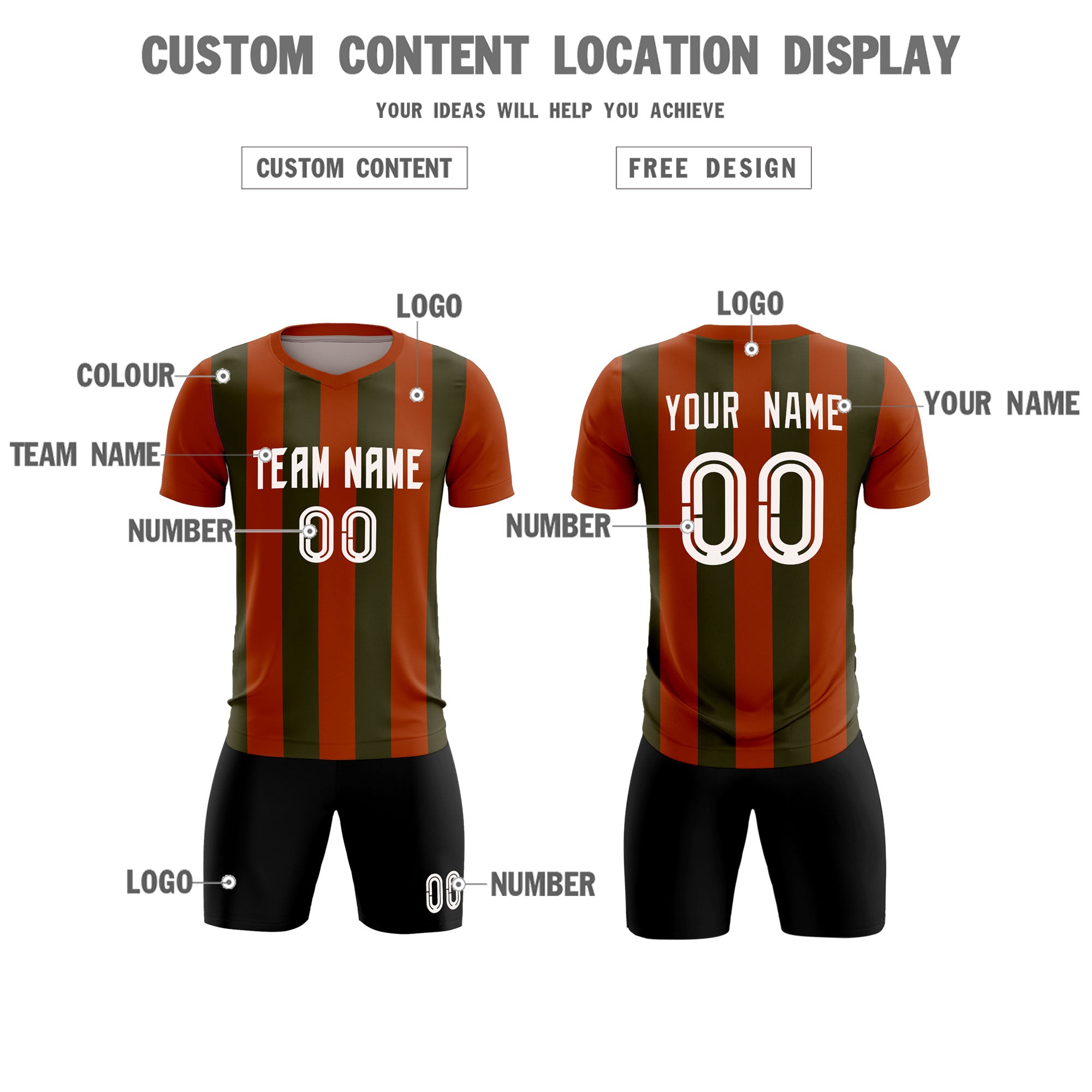 Custom Texas Orange Olive Vertical Stripes Casual Outdoor Football Kits Jersey