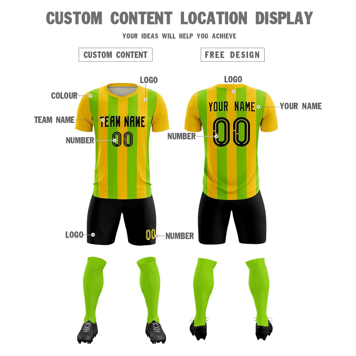 Custom Gold Neon Green Vertical Stripes Casual Outdoor Football Kits Jersey