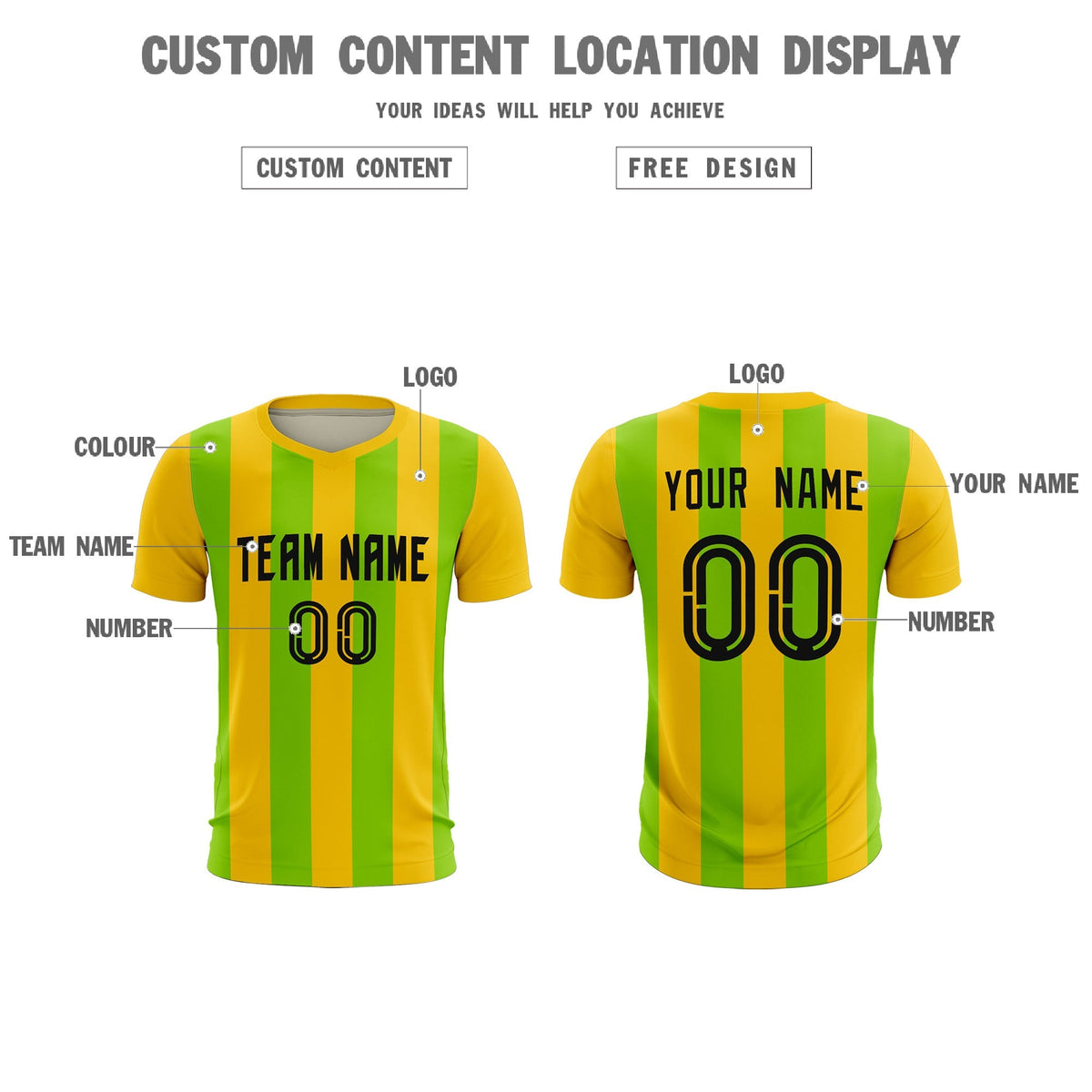 Custom Gold Neon Green Vertical Stripes Casual Outdoor Football Kits Jersey