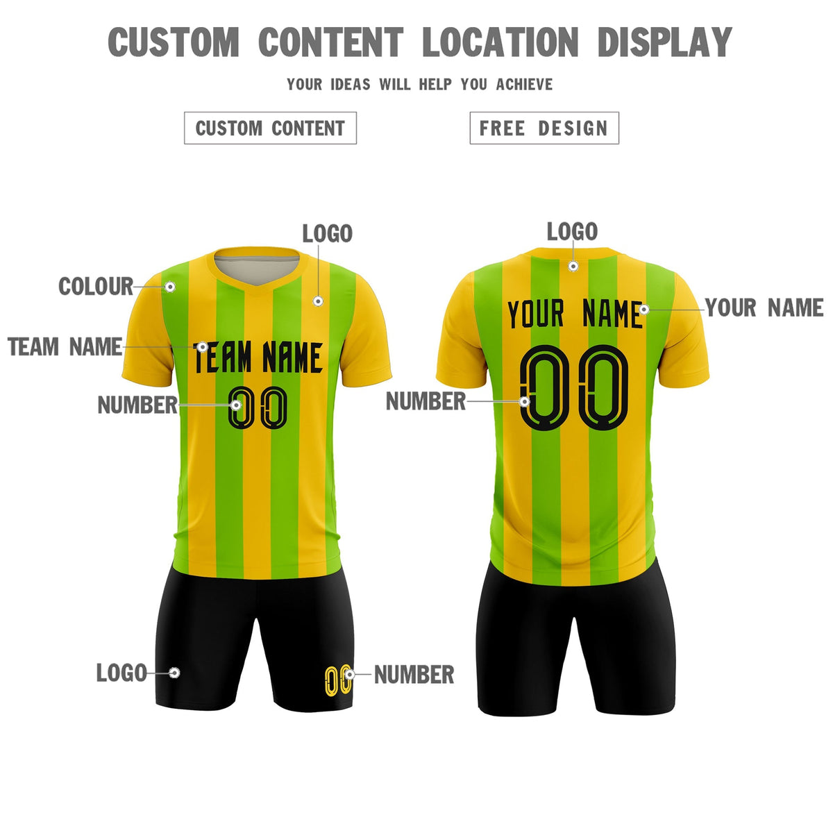 Custom Gold Neon Green Vertical Stripes Casual Outdoor Football Kits Jersey
