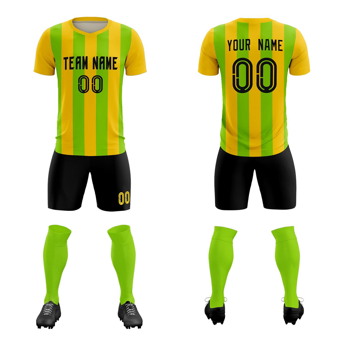 Custom Gold Neon Green Vertical Stripes Casual Outdoor Football Kits Jersey
