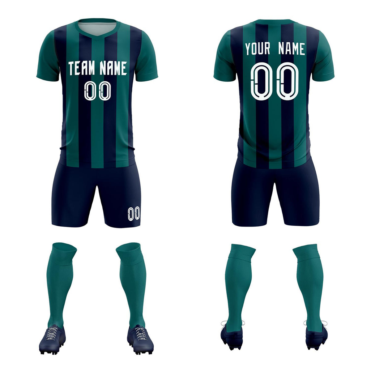 Custom Aqua Navy Vertical Stripes Casual Outdoor Football Kits Jersey