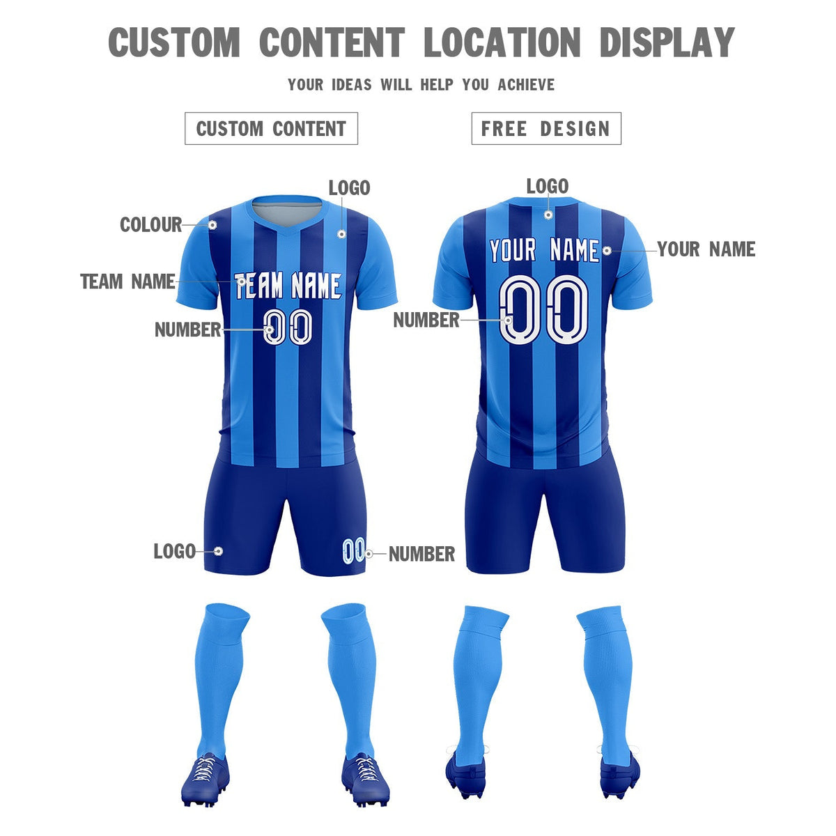 Custom Powder Blue Royal Vertical Stripes Casual Outdoor Football Kits Jersey