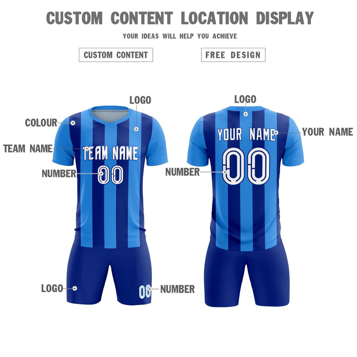 Custom Powder Blue Royal Vertical Stripes Casual Outdoor Football Kits Jersey